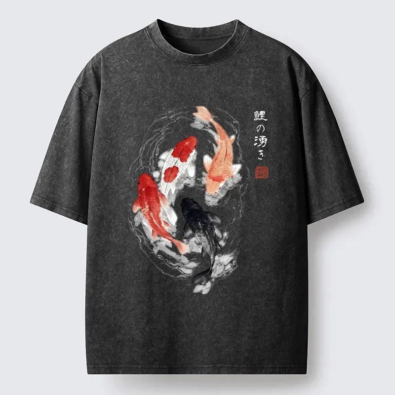 Kyoto-Lion Koi Fish Flow In Traditional Ink Style Washed T-Shirt