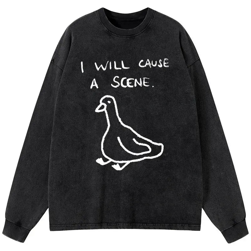 Kyoto-Lion Stupid Goose Funny Japan Retro Washed Long Sleeve T-Shirt