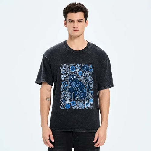 Kyoto-Lion A Cat Among Flowers Washed T-Shirt
