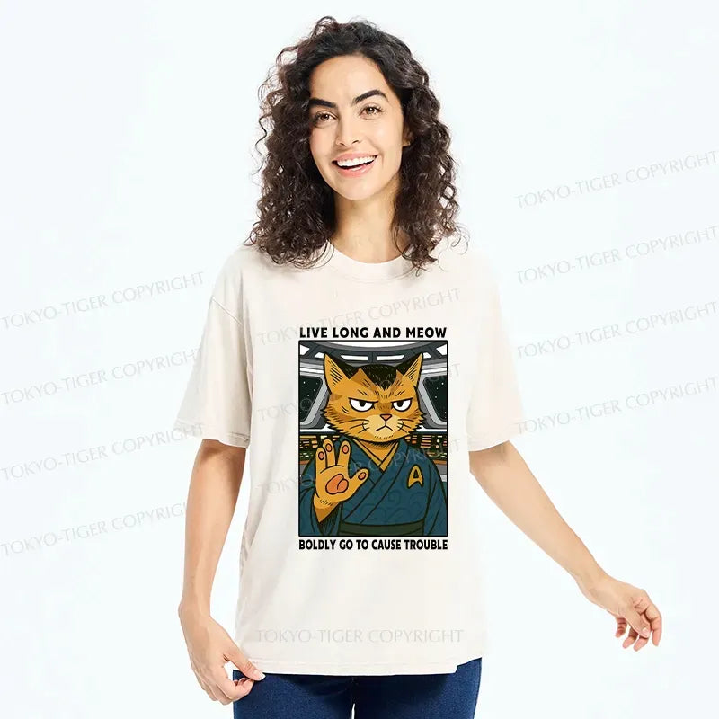 Washed Japanese Cat T-Shirt for Summer