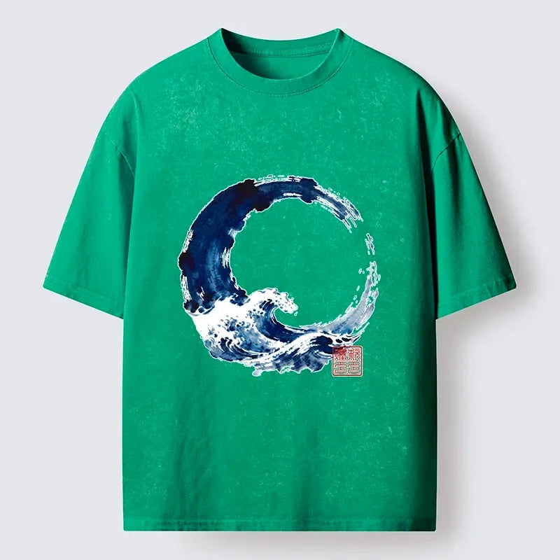 Kyoto-Lion Zen Circle Blue Wave Art Washed T-Shirt