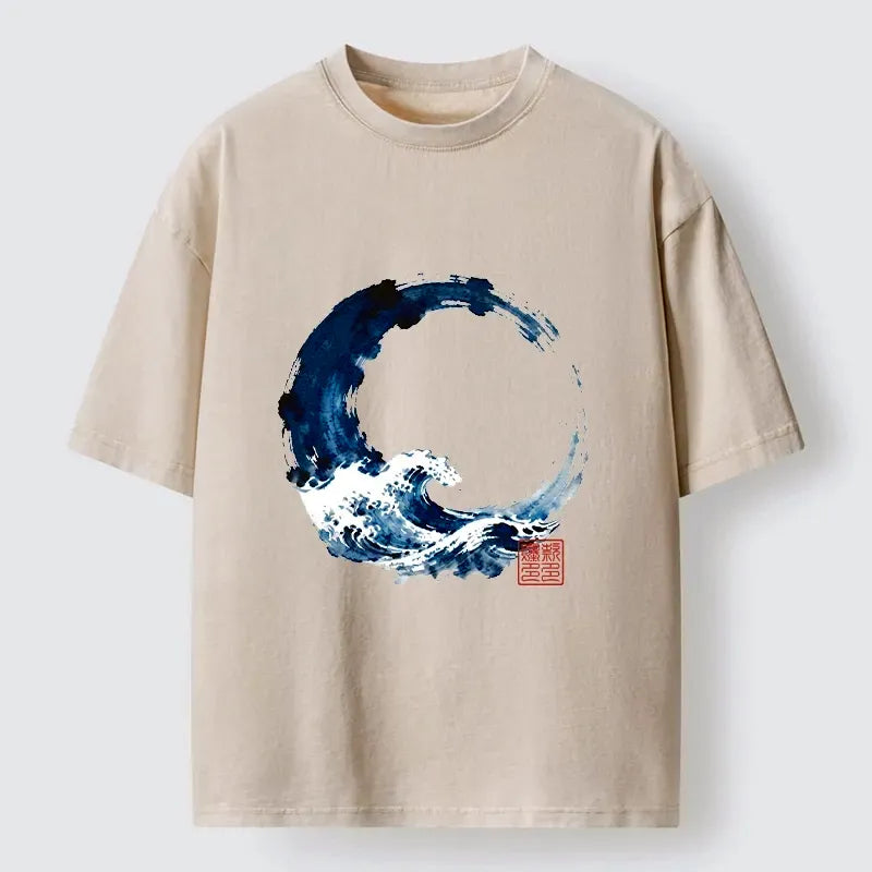 Japanese Zen Circle Blue Wave T-Shirt