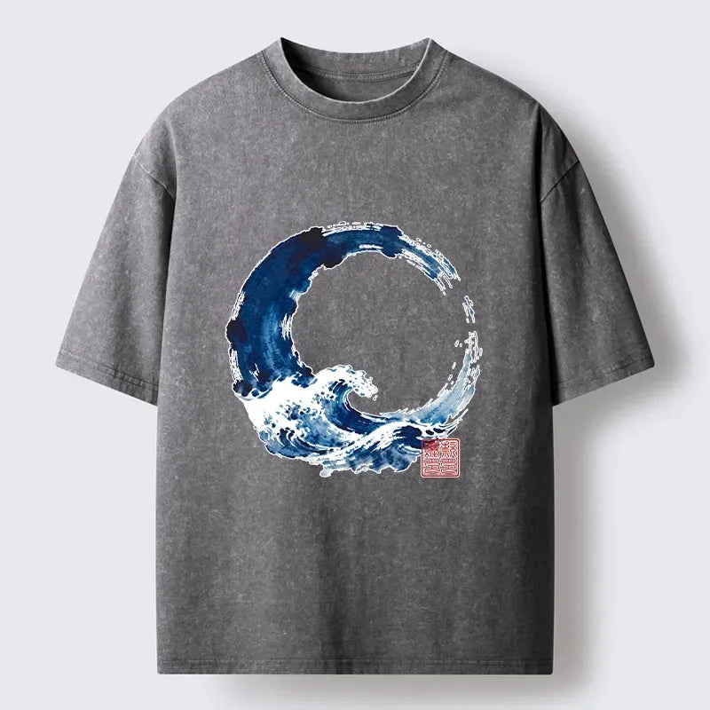 Kyoto-Lion Zen Circle Blue Wave Art Washed T-Shirt