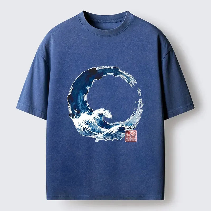 Japanese Zen Circle Blue Wave T-Shirt