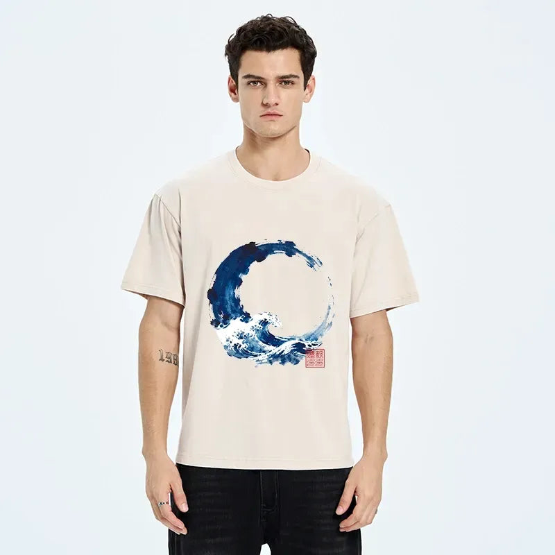 Kyoto-Lion Zen Circle Blue Wave Art Washed T-Shirt