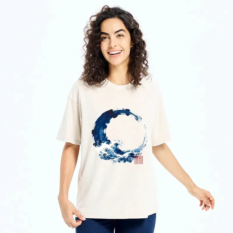 Kyoto-Lion Zen Circle Blue Wave Art Washed T-Shirt