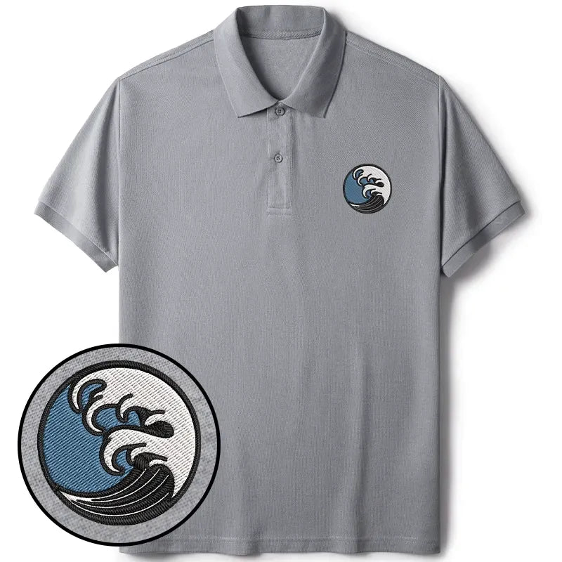 Kyoto-Lion The Great Wave Embroidered Polo T-Shirt