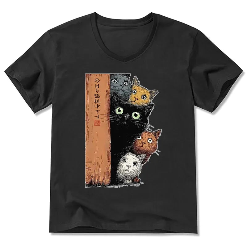 Funny Cat V-Neck T-Shirt Gift for Her