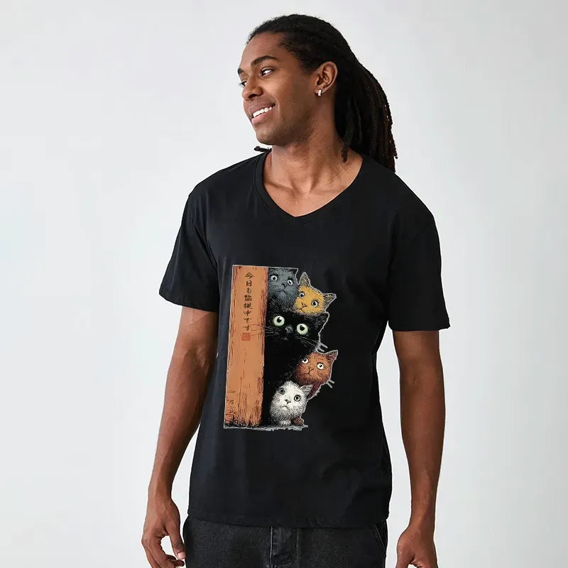 Funny Cat V-Neck T-Shirt Gift for Her