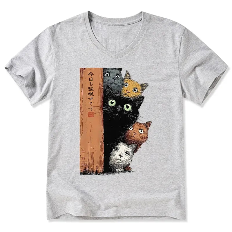 Japanese Five Cats V-Neck T-Shirt for Summer