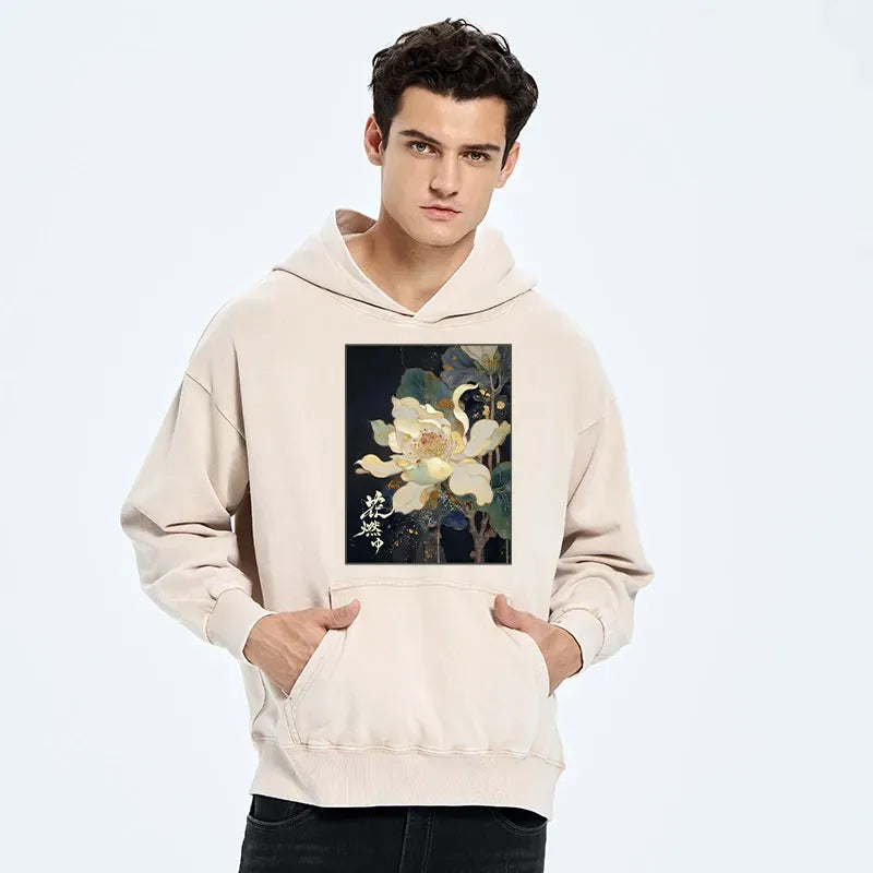 Kyoto Lion Lotus Washed Hoodie for Streetwear