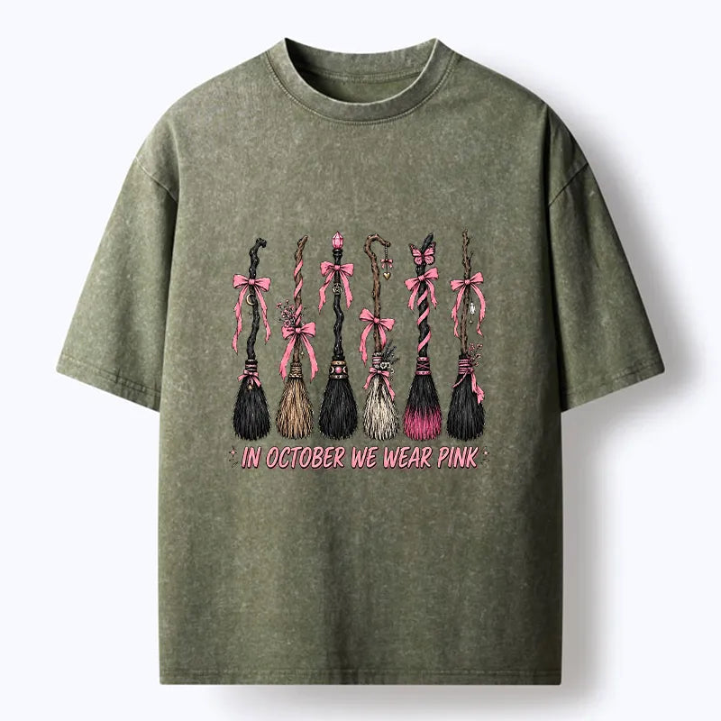 Kyoto-Lion Witch Broom Breast Cancer Awareness Washed T-Shirt