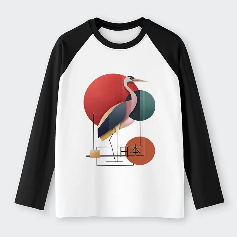 Kyoto-Lion Geometric Crane Art Raglan Long Sleeve T-shirt