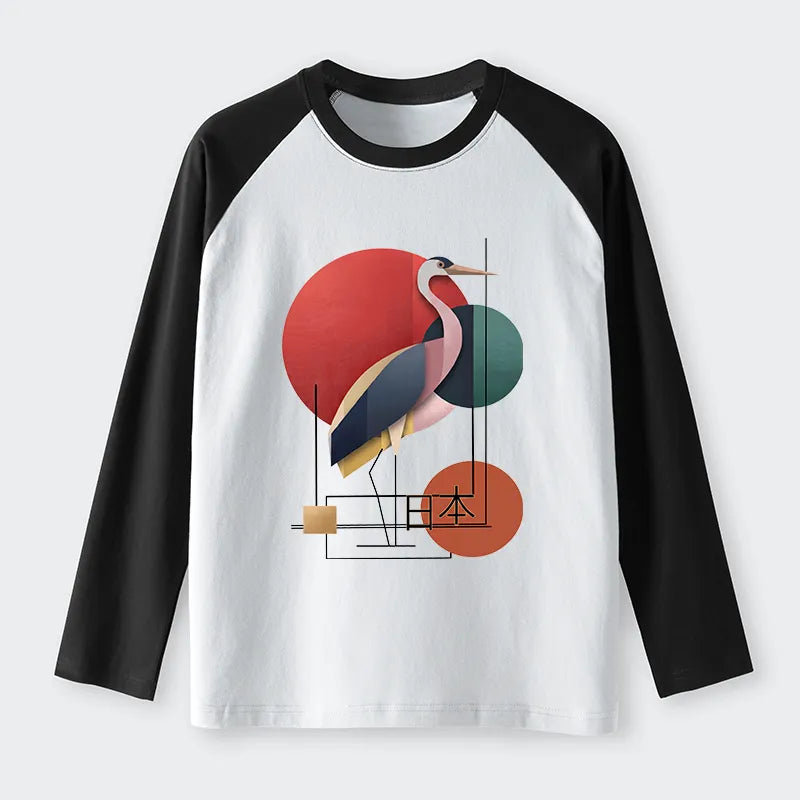 Kyoto-Lion Geometric Crane Art Raglan Long Sleeve T-shirt