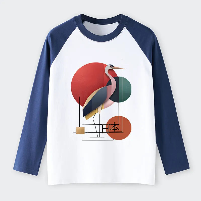 Kyoto-Lion Geometric Crane Art Raglan Long Sleeve T-shirt