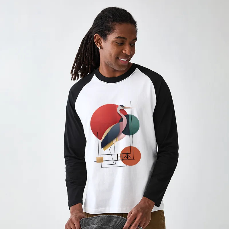 Kyoto-Lion Geometric Crane Art Raglan Long Sleeve T-shirt