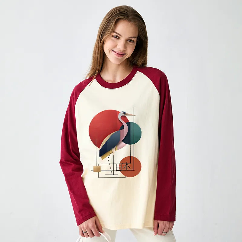 Kyoto-Lion Geometric Crane Art Raglan Long Sleeve T-shirt