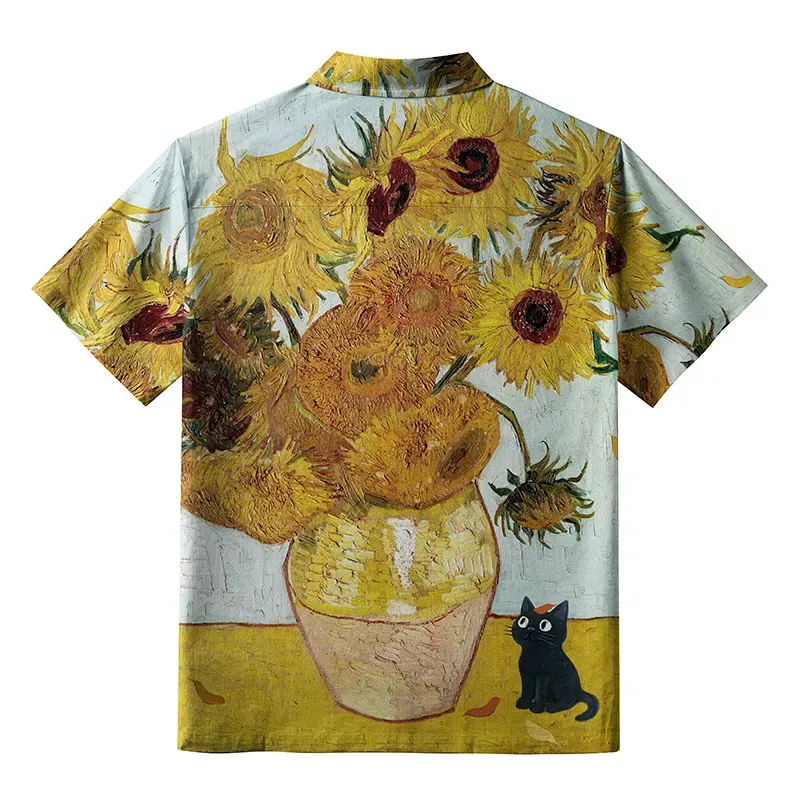 Kyoto-Lion Sunflower And Black Cat Button-up Shirt