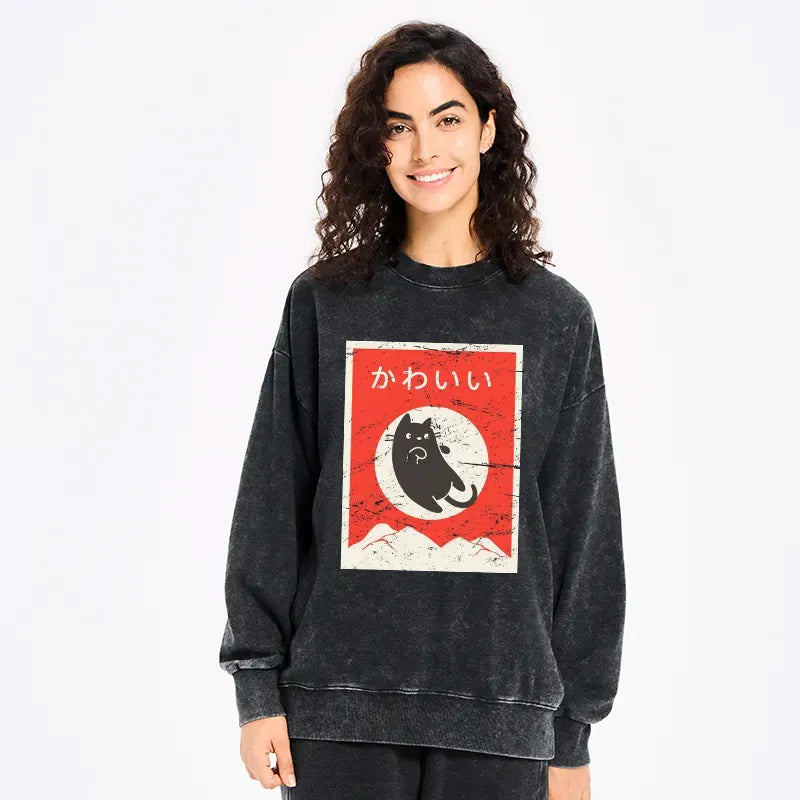 washed japanese black cat sweatshirt for daily wear