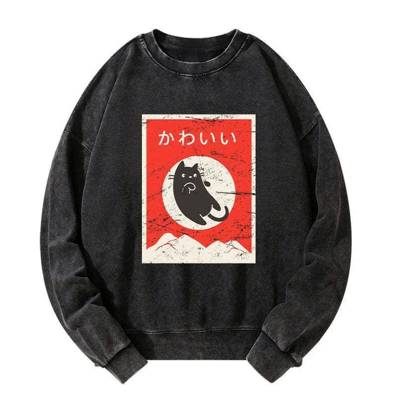 Kyoto-Lion Cute Black Cat Japanese Washed Sweatshirt
