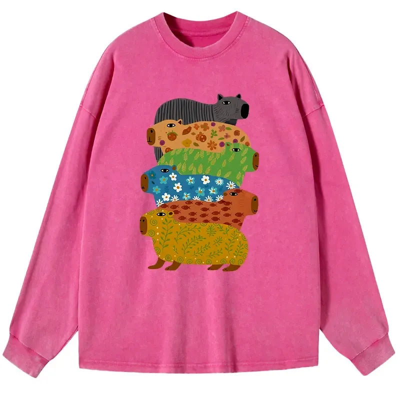 Kyoto-Lion Colorful Capybaras Washed Long Sleeve T-Shirt