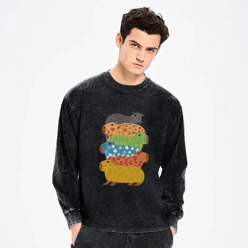 Colorful Capybara Long Sleeve T-Shirt for Daily Wear