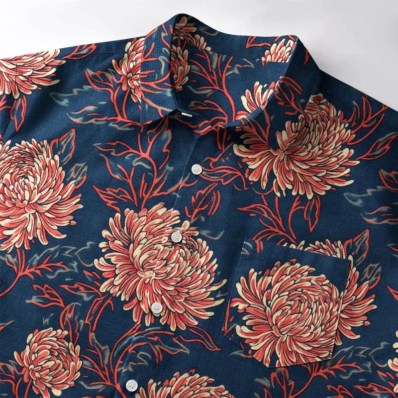 Kyoto-Lion Blooming Chrysanthemums Button-up Shirt