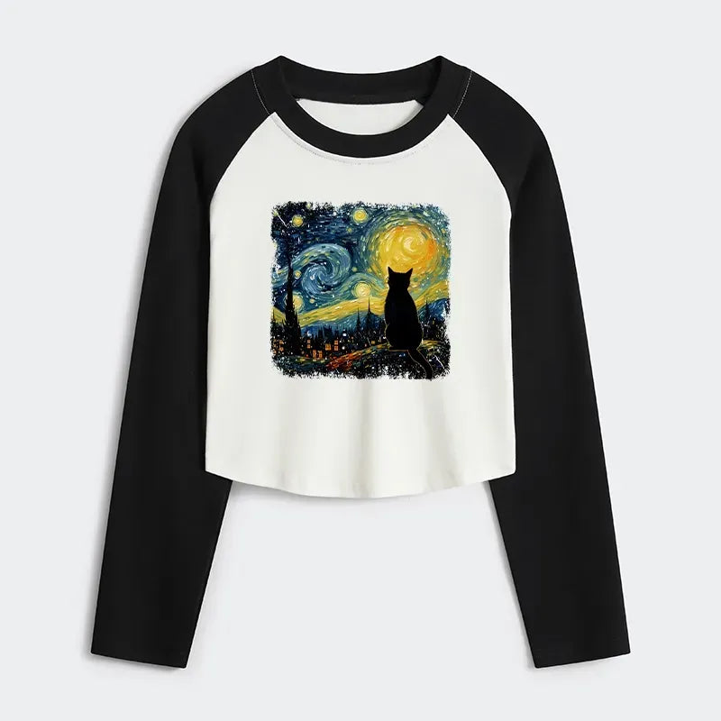 Kyoto-Lion The Starry Night Cat Women's Crop Raglan T-Shirt