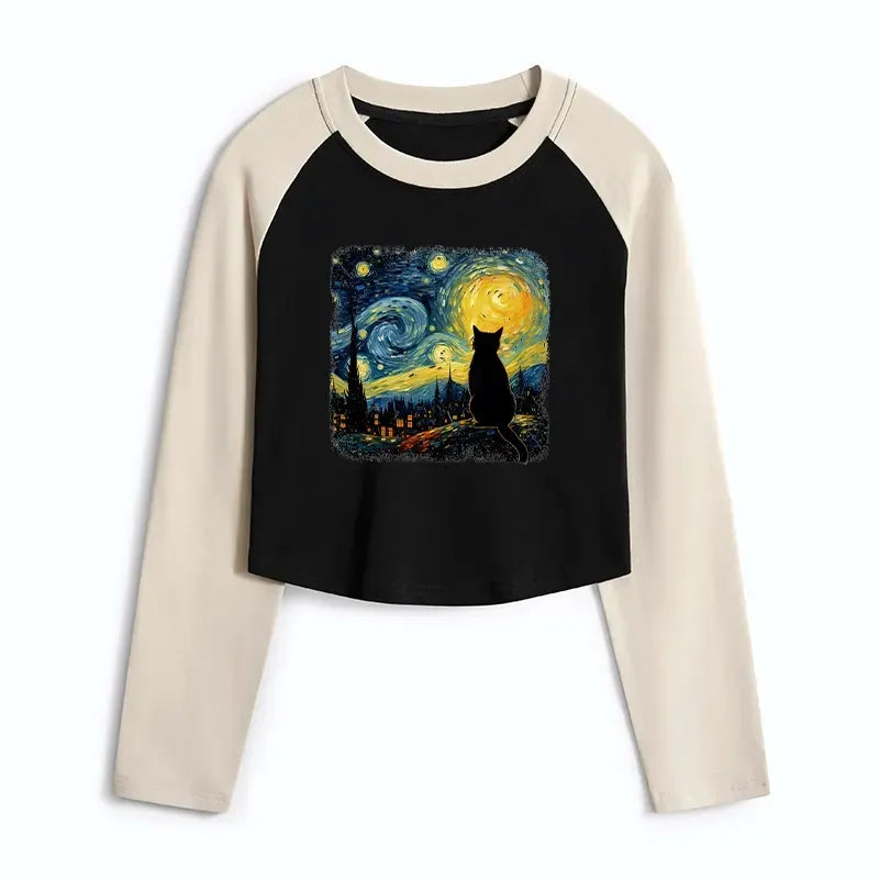 Kyoto-Lion The Starry Night Cat Women's Crop Raglan T-Shirt