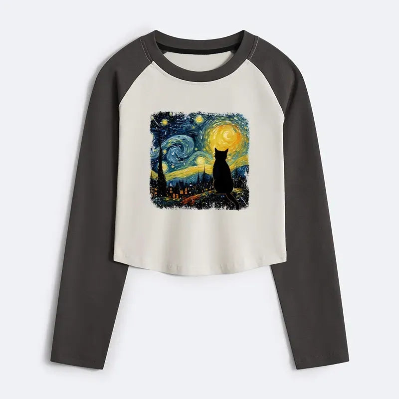 Kyoto-Lion The Starry Night Cat Women's Crop Raglan T-Shirt