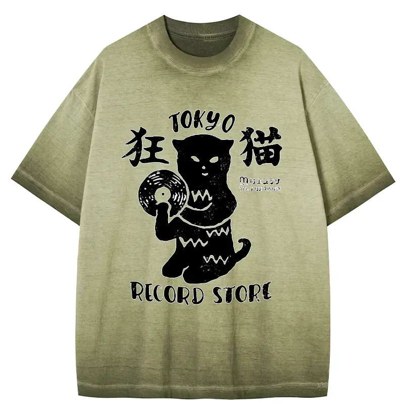 Kyoto-Lion Tokyo Record Store Cat CD Gradient Washed T-Shirt