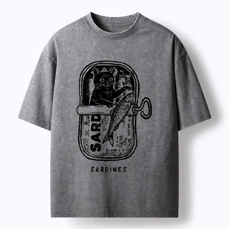 Kyoto-Lion Black Cat Stuck In A Sardine Can Washed T-Shirt