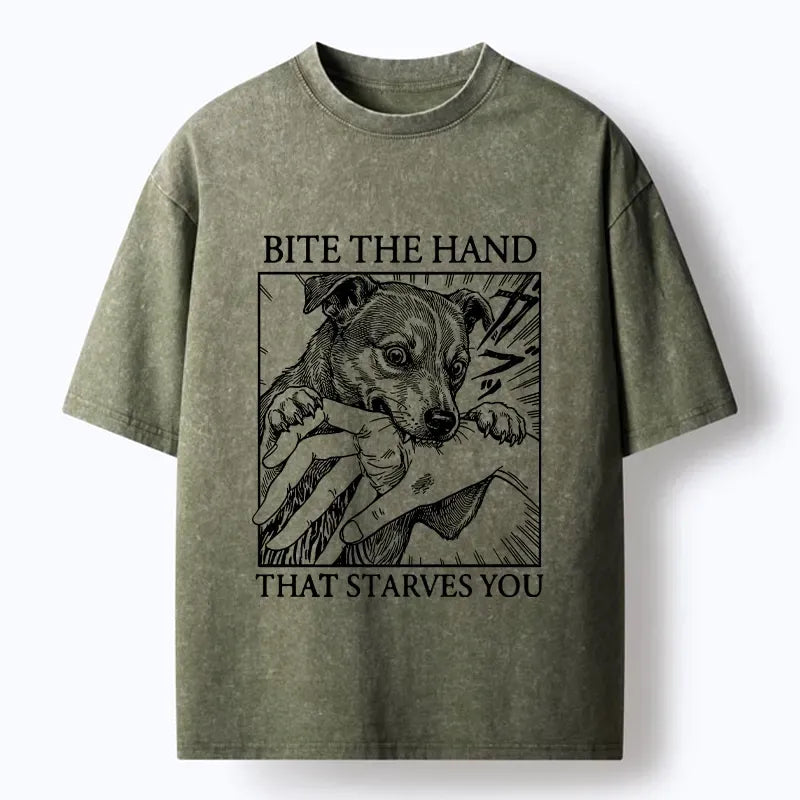 Kyoto-Lion Funny Meme Rebel Dog Bites Hand Art Washed T-Shirt