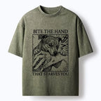 Kyoto-Lion Funny Meme Rebel Dog Bites Hand Art Washed T-Shirt