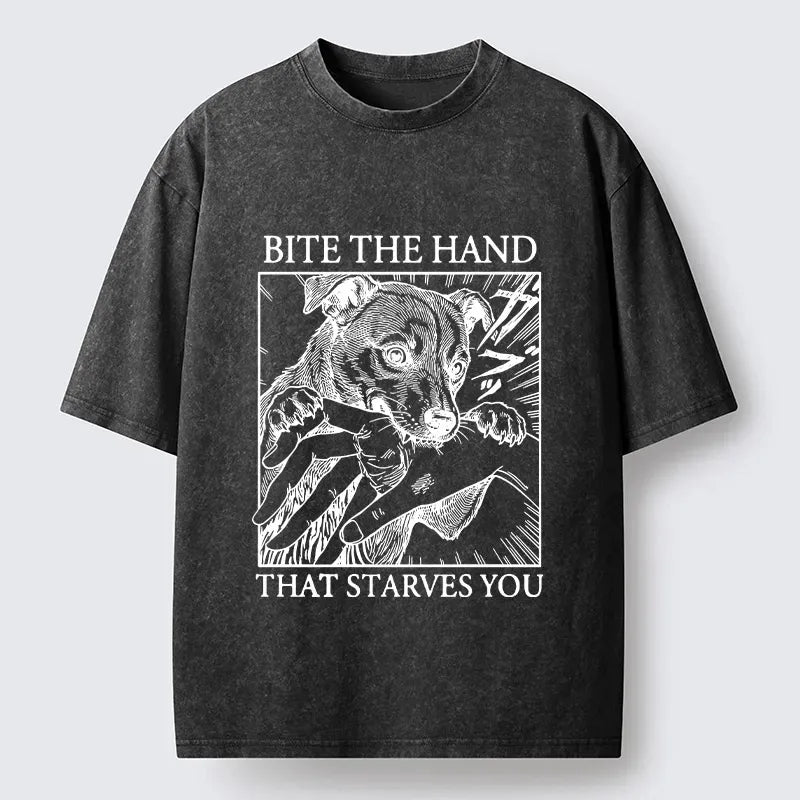 Kyoto-Lion Funny Meme Rebel Dog Bites Hand Art Washed T-Shirt