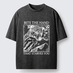 Kyoto-Lion Funny Meme Rebel Dog Bites Hand Art Washed T-Shirt