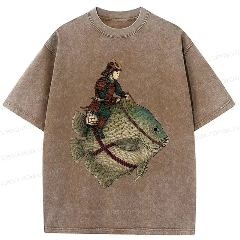 Kyoto-Lion Samurai Riding A Fish Washed T-Shirt