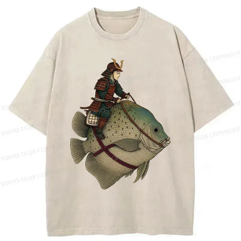 Kyoto-Lion Samurai Riding A Fish Washed T-Shirt