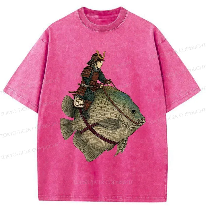 Kyoto-Lion Samurai Riding A Fish Washed T-Shirt