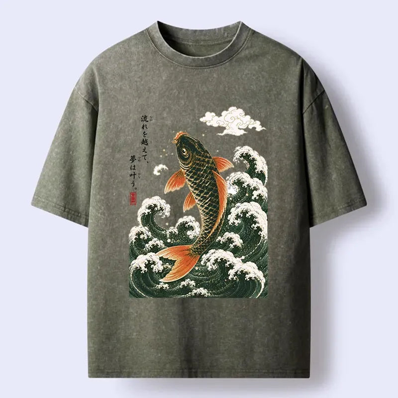 Kyoto-Lion Japanese Koi Ascends Over Foamy Sea Waves Washed T-Shirt