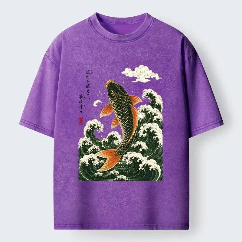 Kyoto-Lion Japanese Koi Ascends Over Foamy Sea Waves Washed T-Shirt