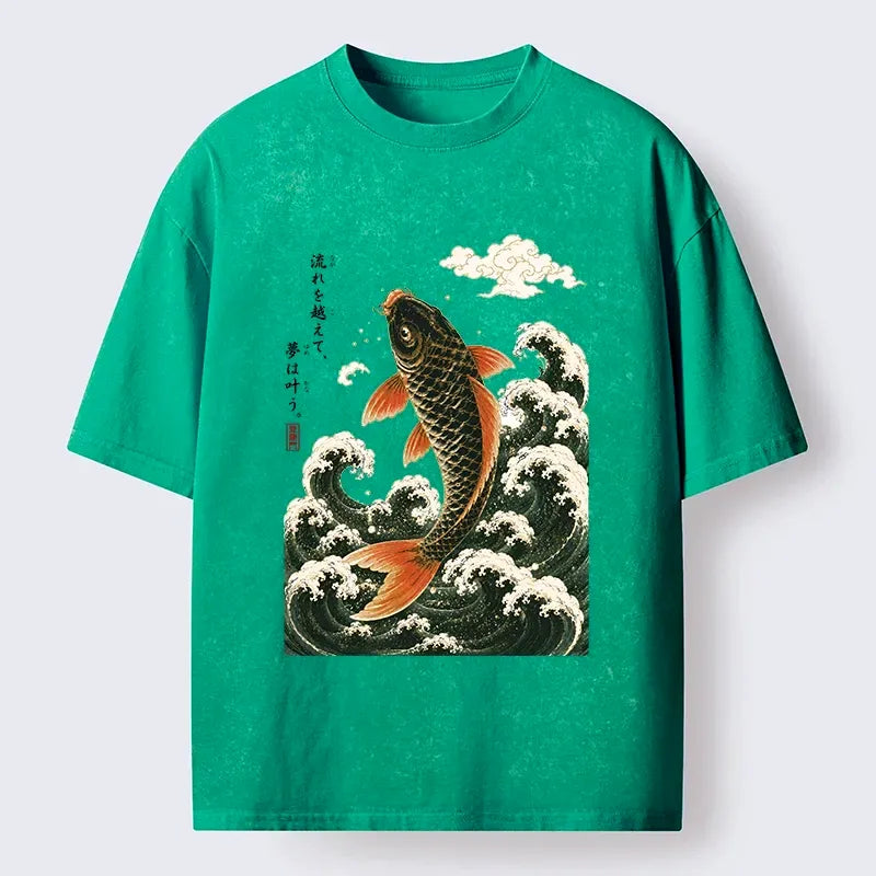 Kyoto-Lion Japanese Koi Ascends Over Foamy Sea Waves Washed T-Shirt