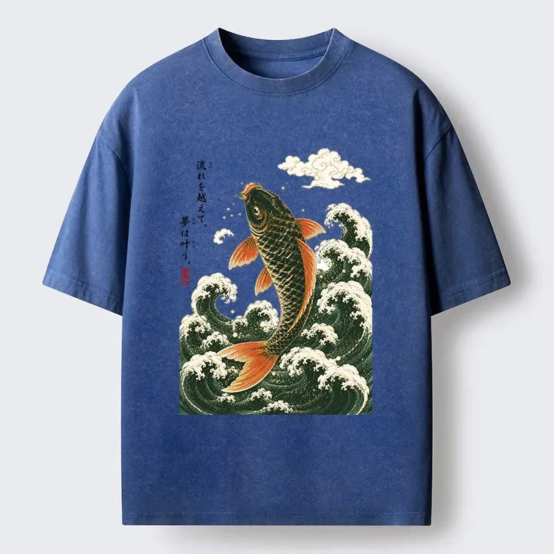 Kyoto-Lion Japanese Koi Ascends Over Foamy Sea Waves Washed T-Shirt