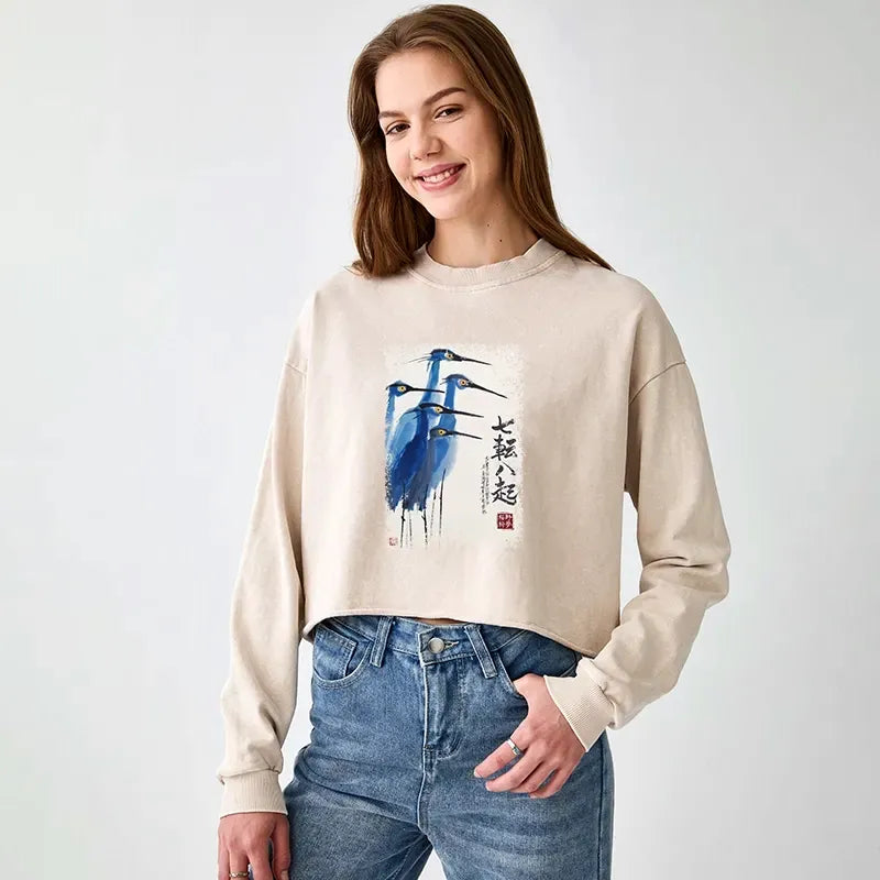 Kyoto-Lion Wings That Never Yield Washed Crop Sweatshirt