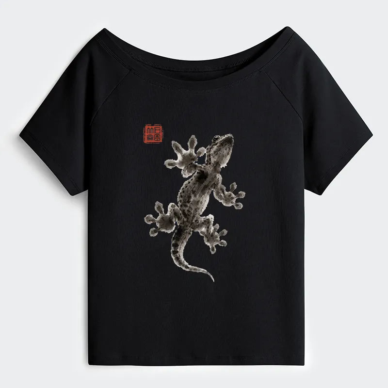 Kyoto-Lion Minimal Asian Ink Brush Gecko Vibe Off Shoulder T-Shirt