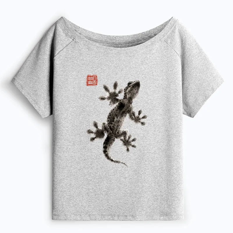Kyoto-Lion Minimal Asian Ink Brush Gecko Vibe Off Shoulder T-Shirt