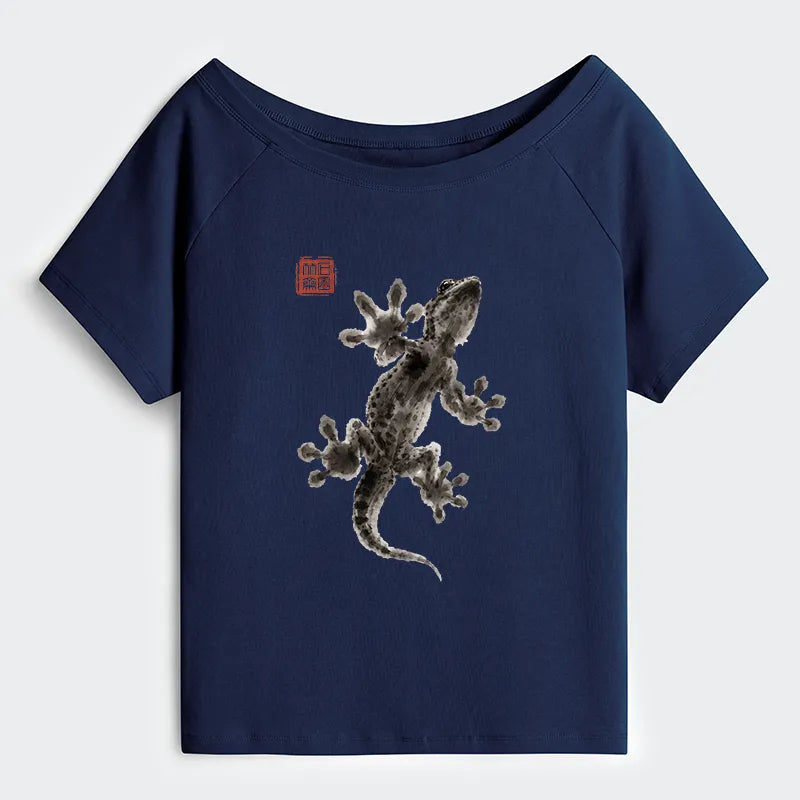 Kyoto-Lion Minimal Asian Ink Brush Gecko Vibe Off Shoulder T-Shirt