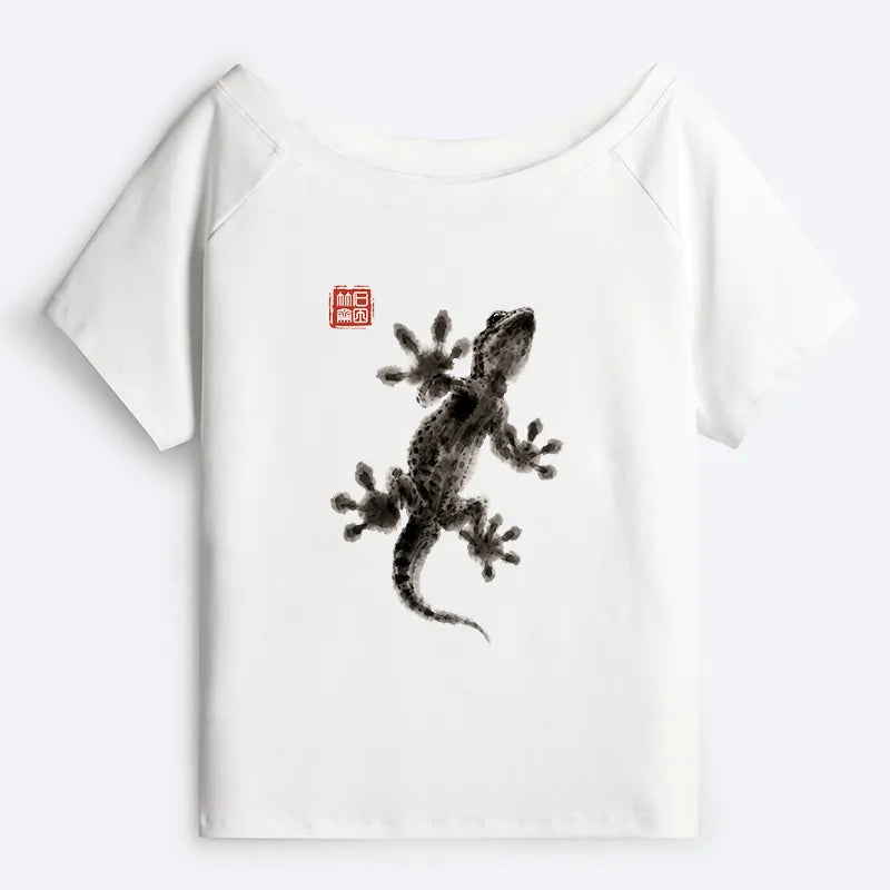 Kyoto-Lion Minimal Asian Ink Brush Gecko Vibe Off Shoulder T-Shirt