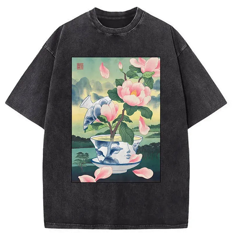 Kyoto-Lion Fragrance Of Tea Is Like That Of Flowers Washed T-Shirt