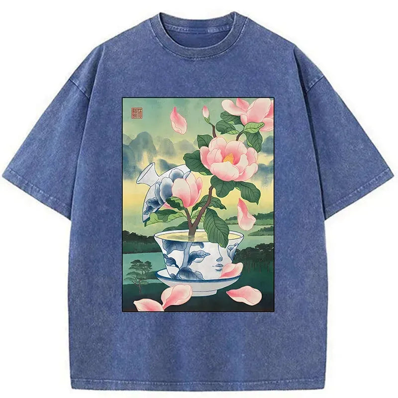 Kyoto-Lion Fragrance Of Tea Is Like That Of Flowers Washed T-Shirt